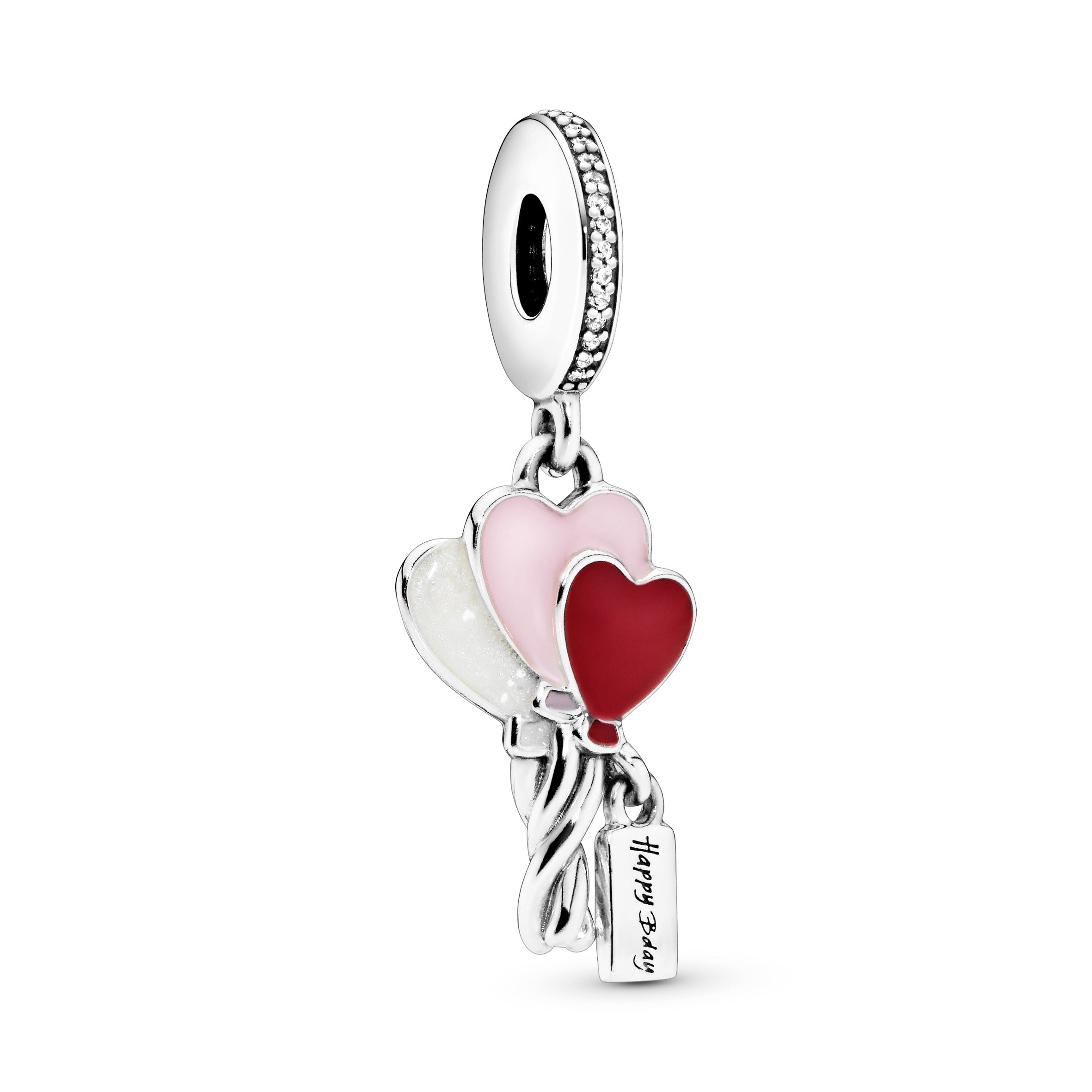 Balloons silver dangle with clear cubic zirconia, shimmering silver, pink and red enamel