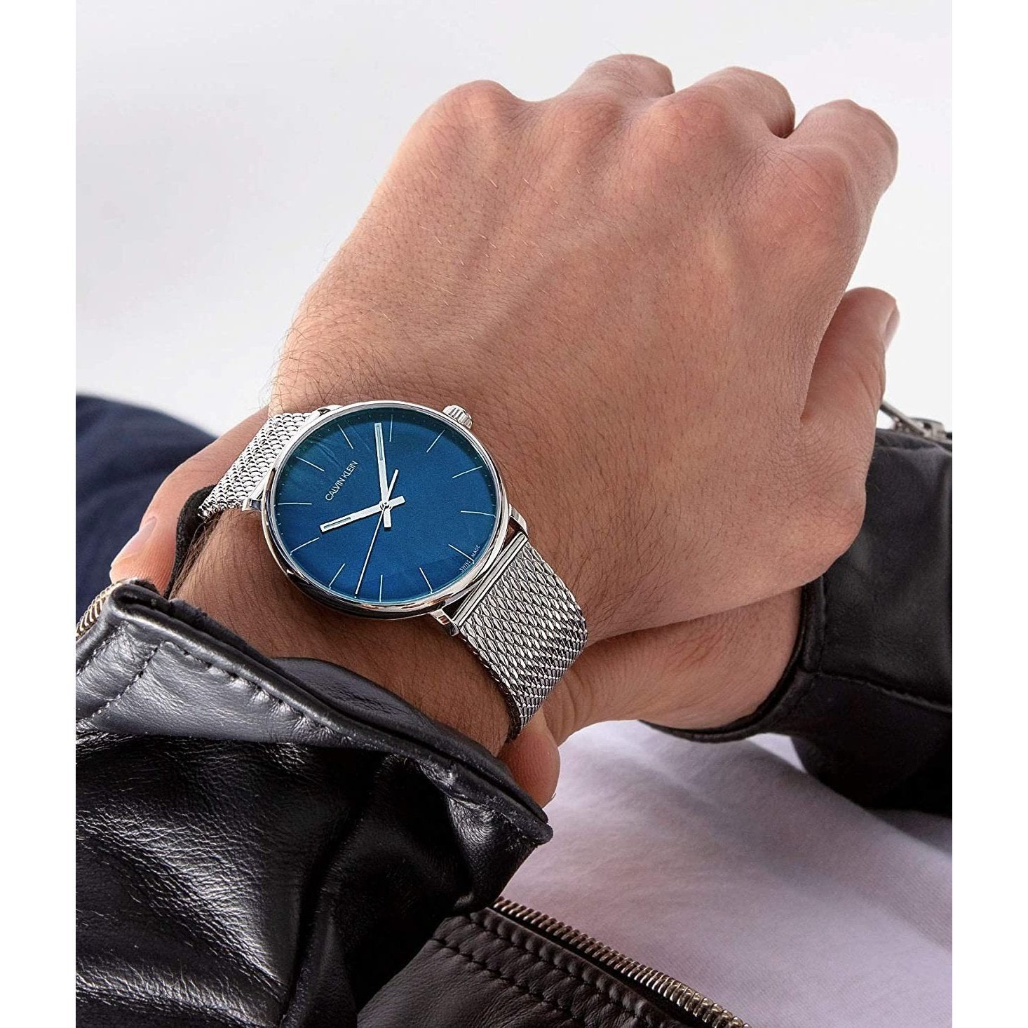 Calvin Klein High Noon Quartz Blue Dial Black Leather Strap Watch for Men